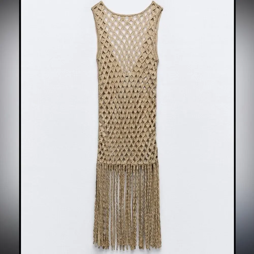ZARA WOMEN MESH DRESS WITH FRING BEACH COVERUP Tan Crochet Small - Picture 6 of 13